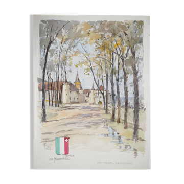 René LEVERD : Suisse, Château de Colombier, aquarelle originale signée