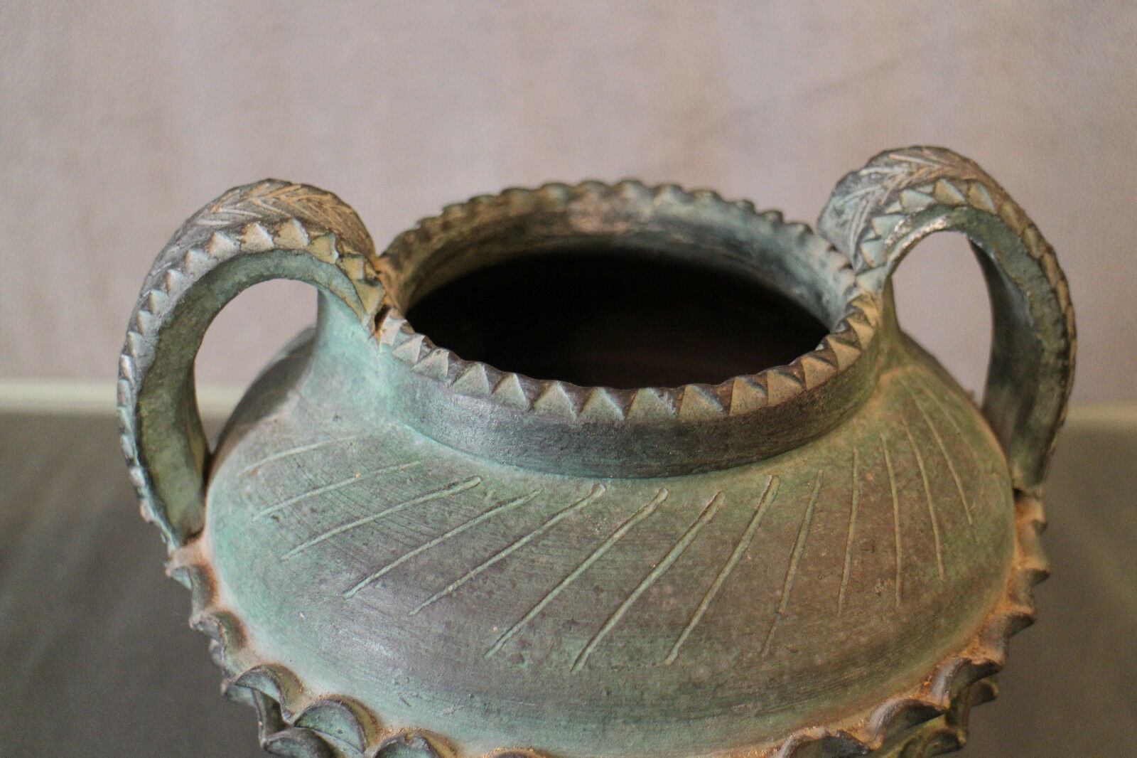 Terracotta vase with ceramic bronze green patina vase