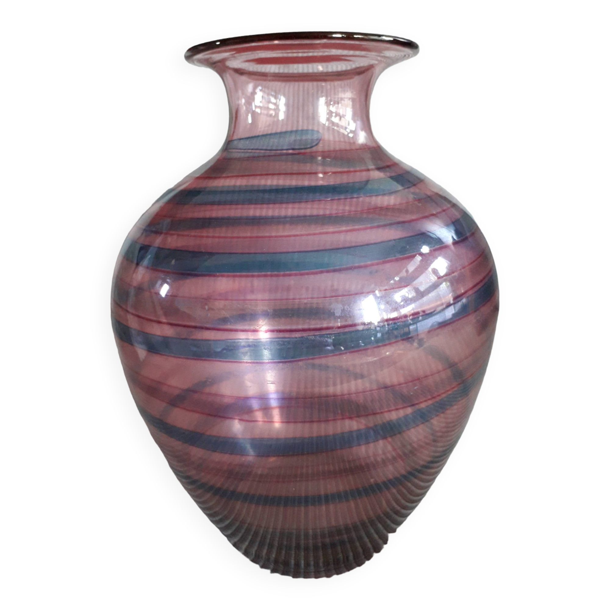 Large vintage striped pink blown glass vase