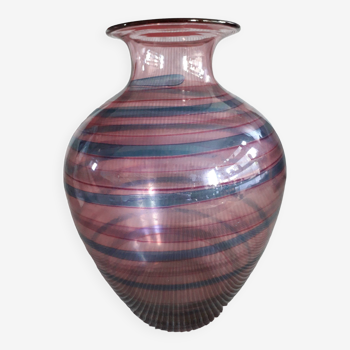 Large vintage striped pink blown glass vase