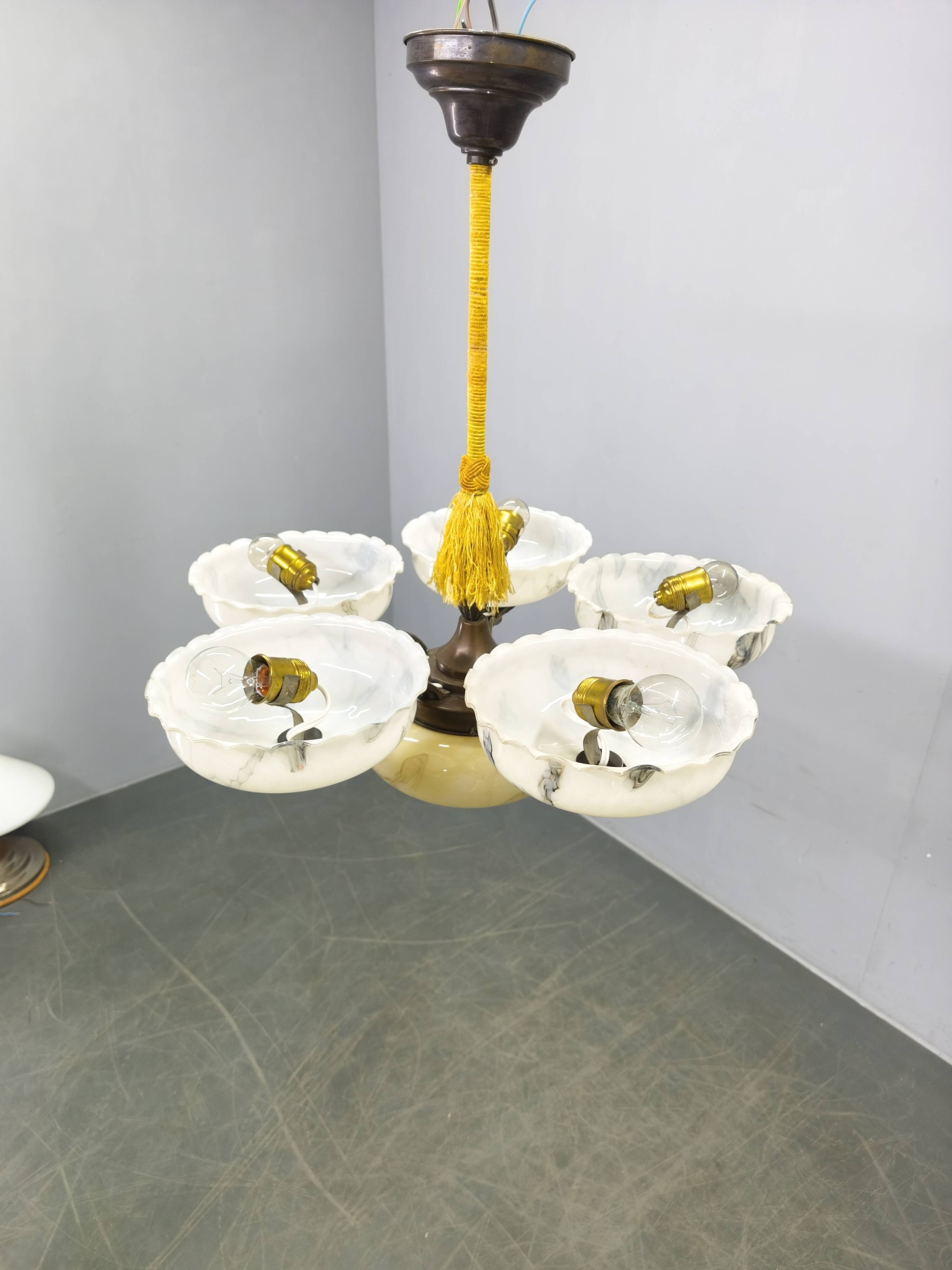 1940s Czech Art Deco Brass Opaline Glass Chandelier