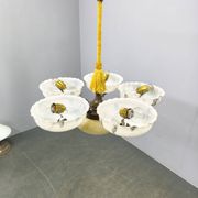 1940s Czech Art Deco Brass Opaline Glass Chandelier