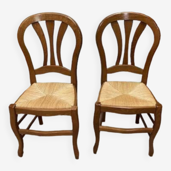 Set of 2 wooden and straw chairs