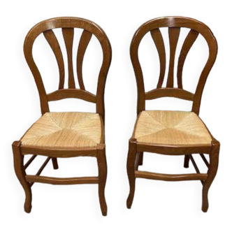 Set of 2 wooden and straw chairs