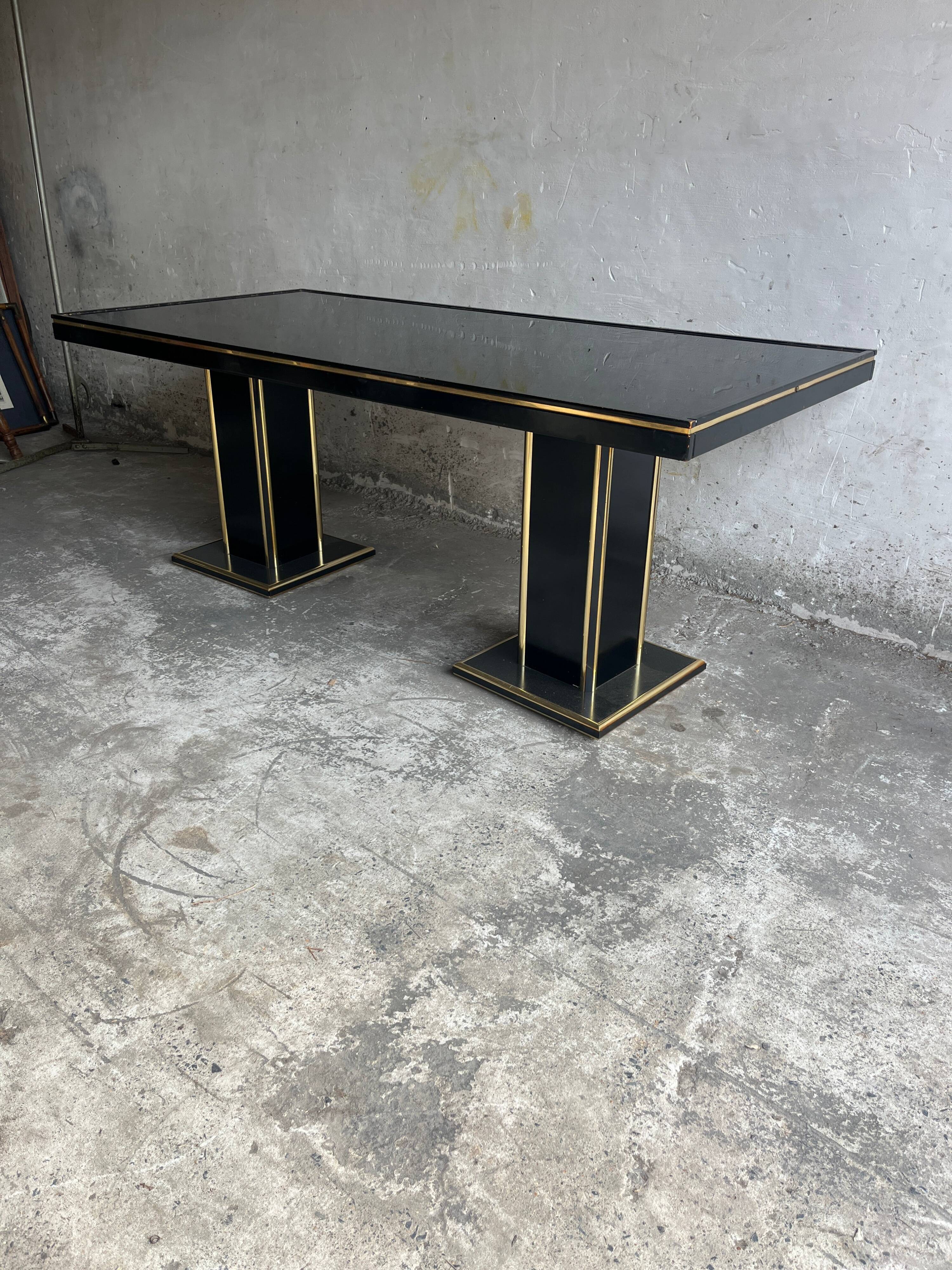 Black Lacquer and Brass Dining Table with Glass Top — Lacquered Wood, 1970s Double Pedestal