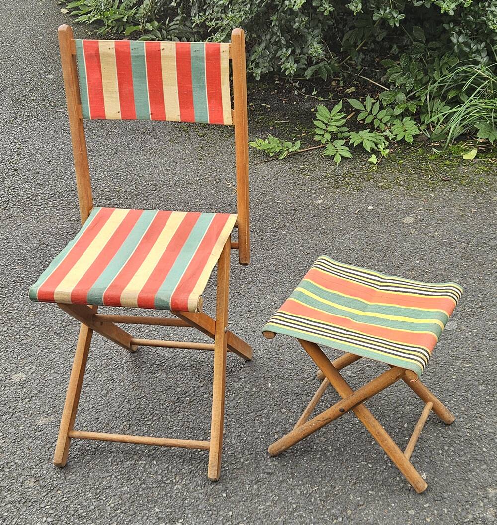 Folding canvas chair with stool, 1950s.