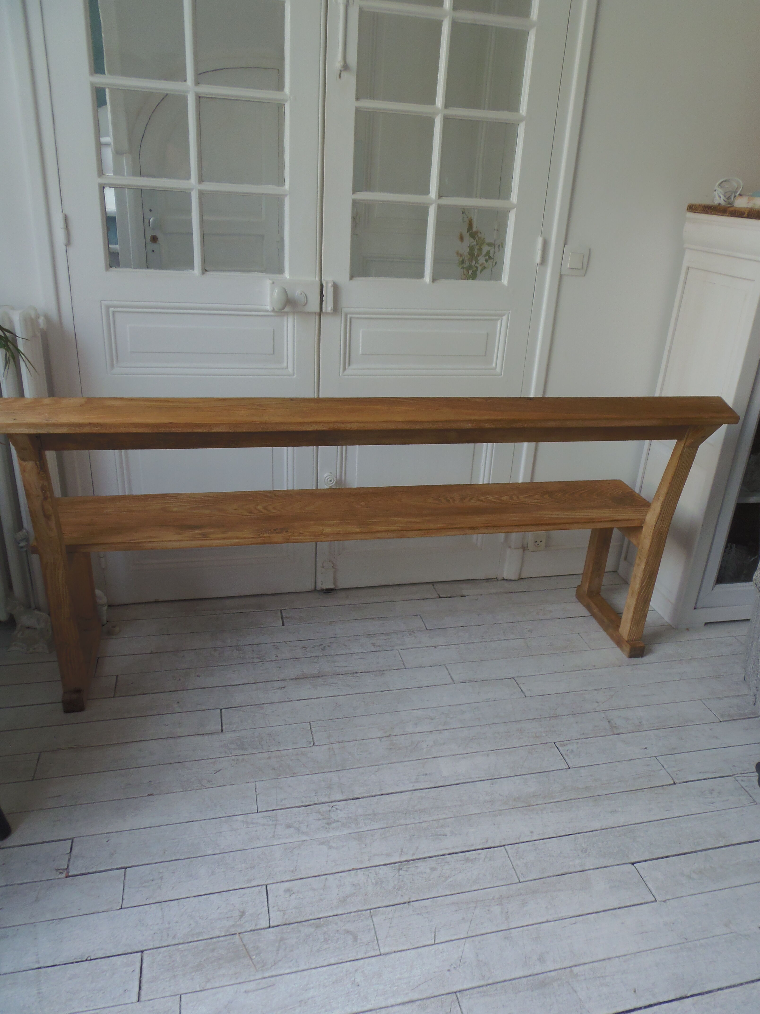 Church pew, pitchpin bed with a light oak waxed finish.