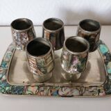 digestive service, glass and tray in silver metal Mexican abalone