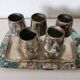 digestive service, glass and tray in silver metal Mexican abalone