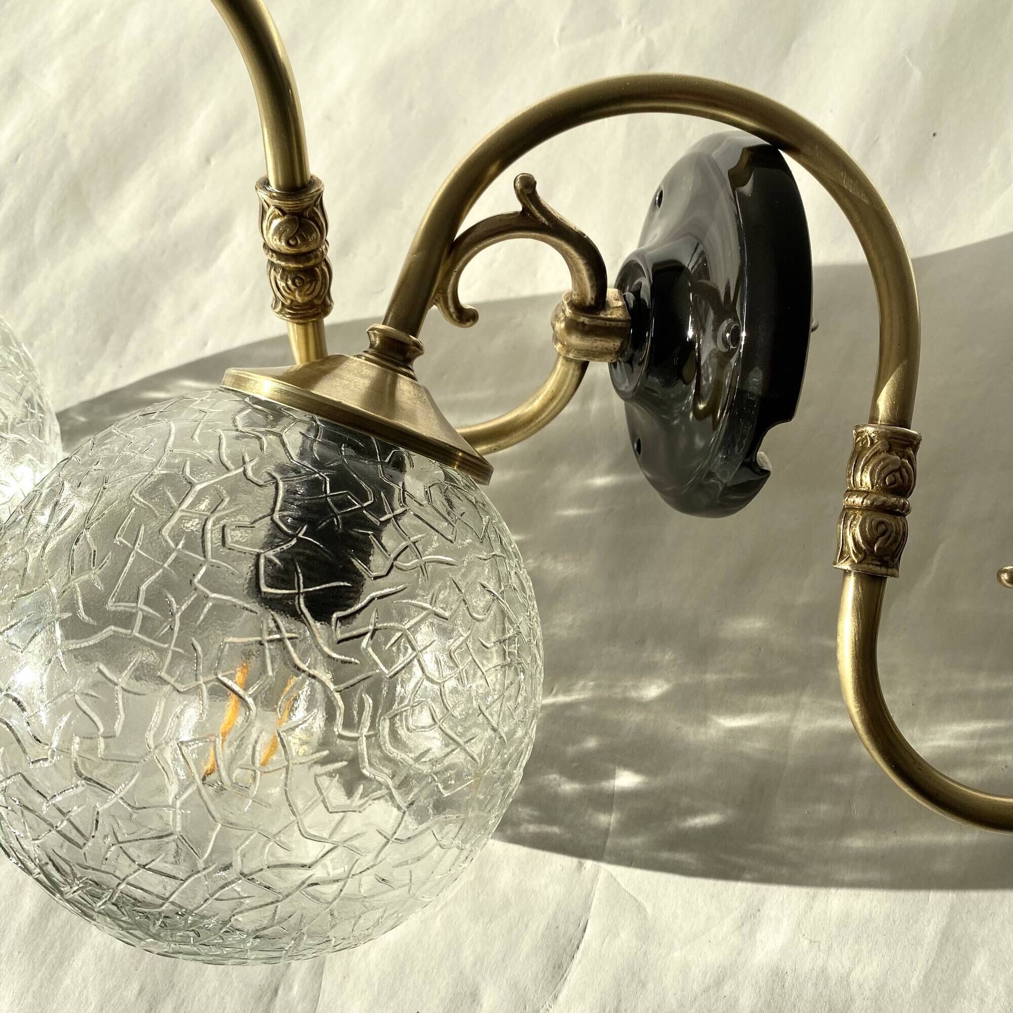 Large pair of brass swan neck wall lights with cracked glass globes LAMP-7359