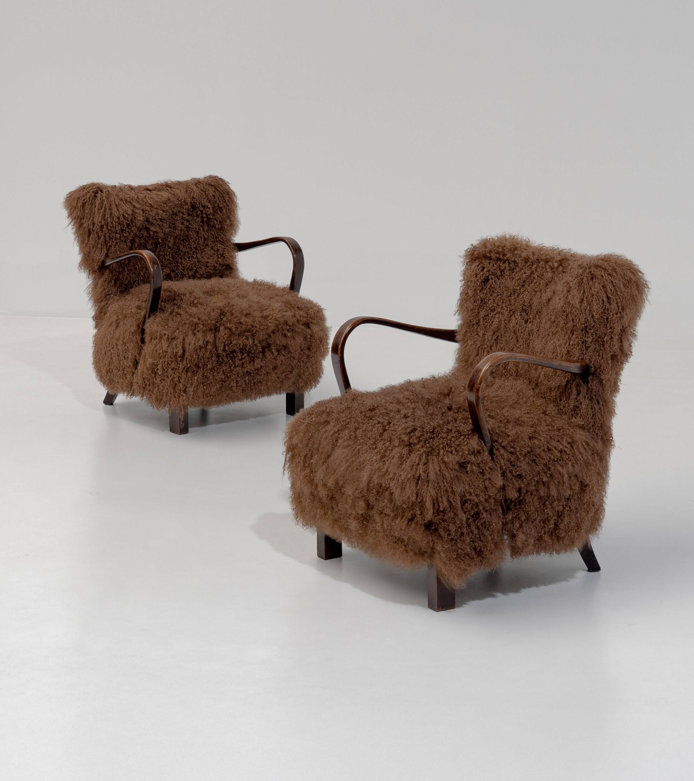 Caramel Scandinavian Art Deco Armchairs in Mongolian Sheepskin, 1950s
