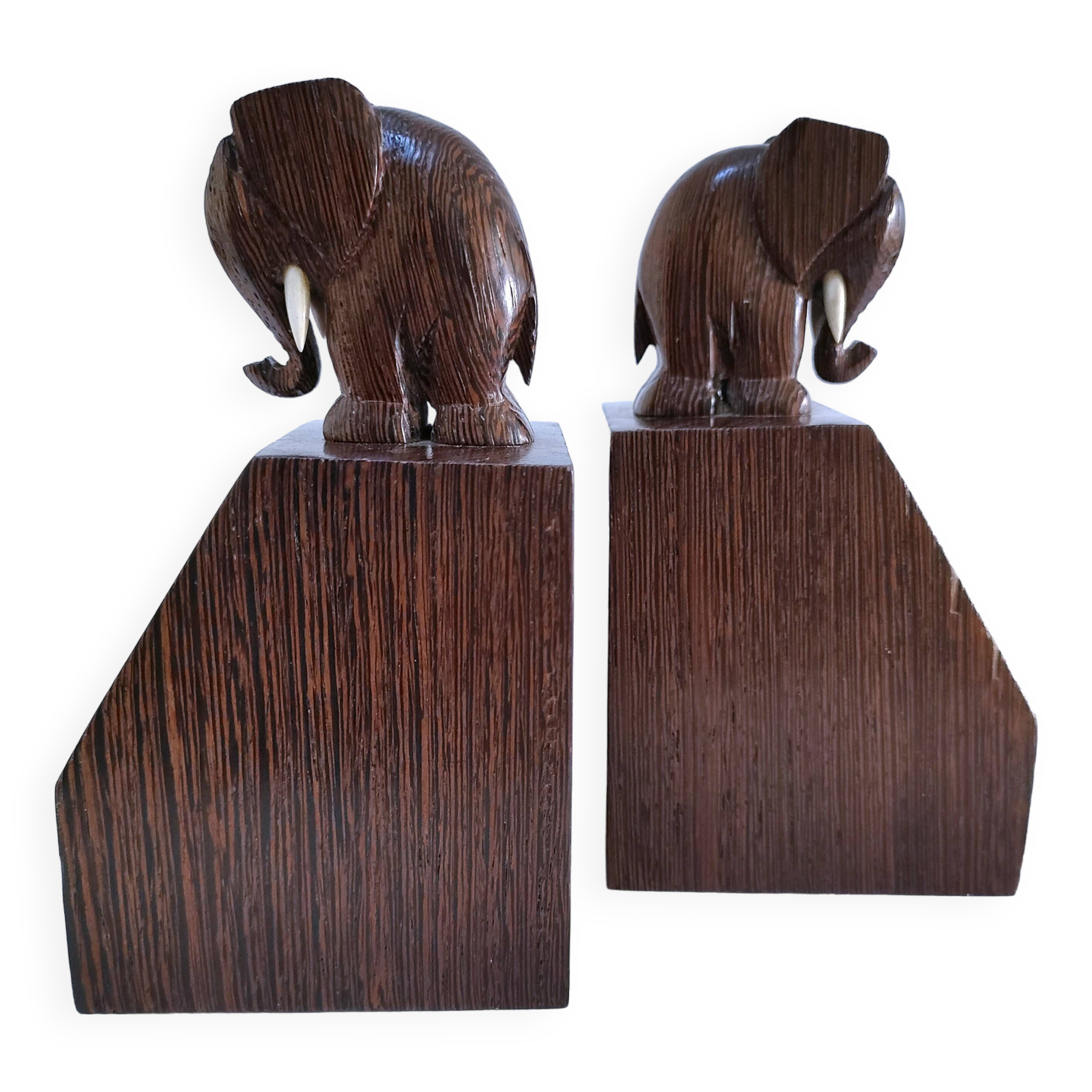 Pair of stylized elephant bookends in solid wood