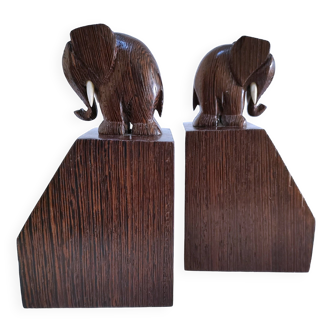 Paire de serre-livres éléphants stylisés bois massif
