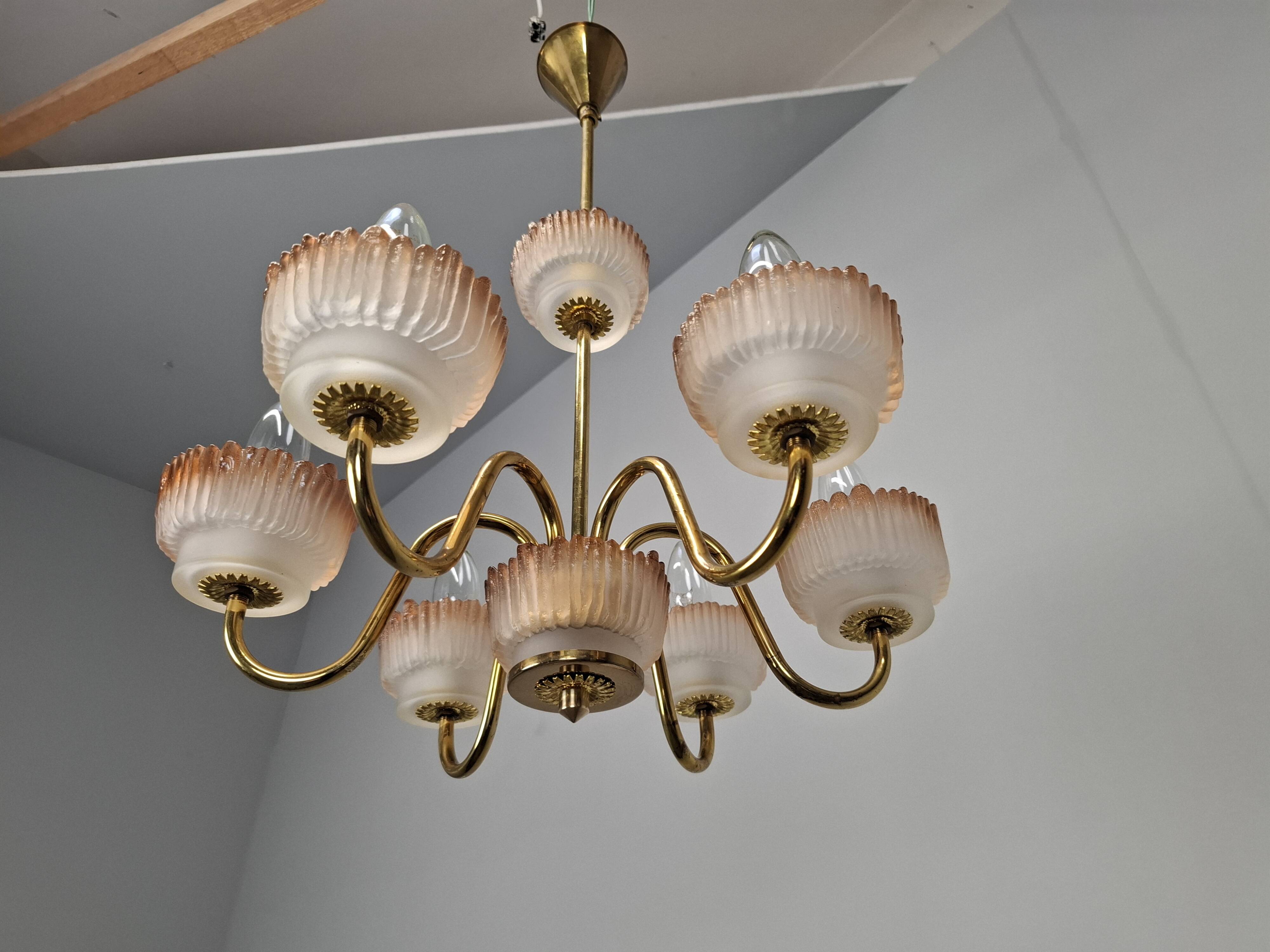 1960s Czech Mid-Century Brass and Železný Brod Frosted Glass Six-Arm Chandelier