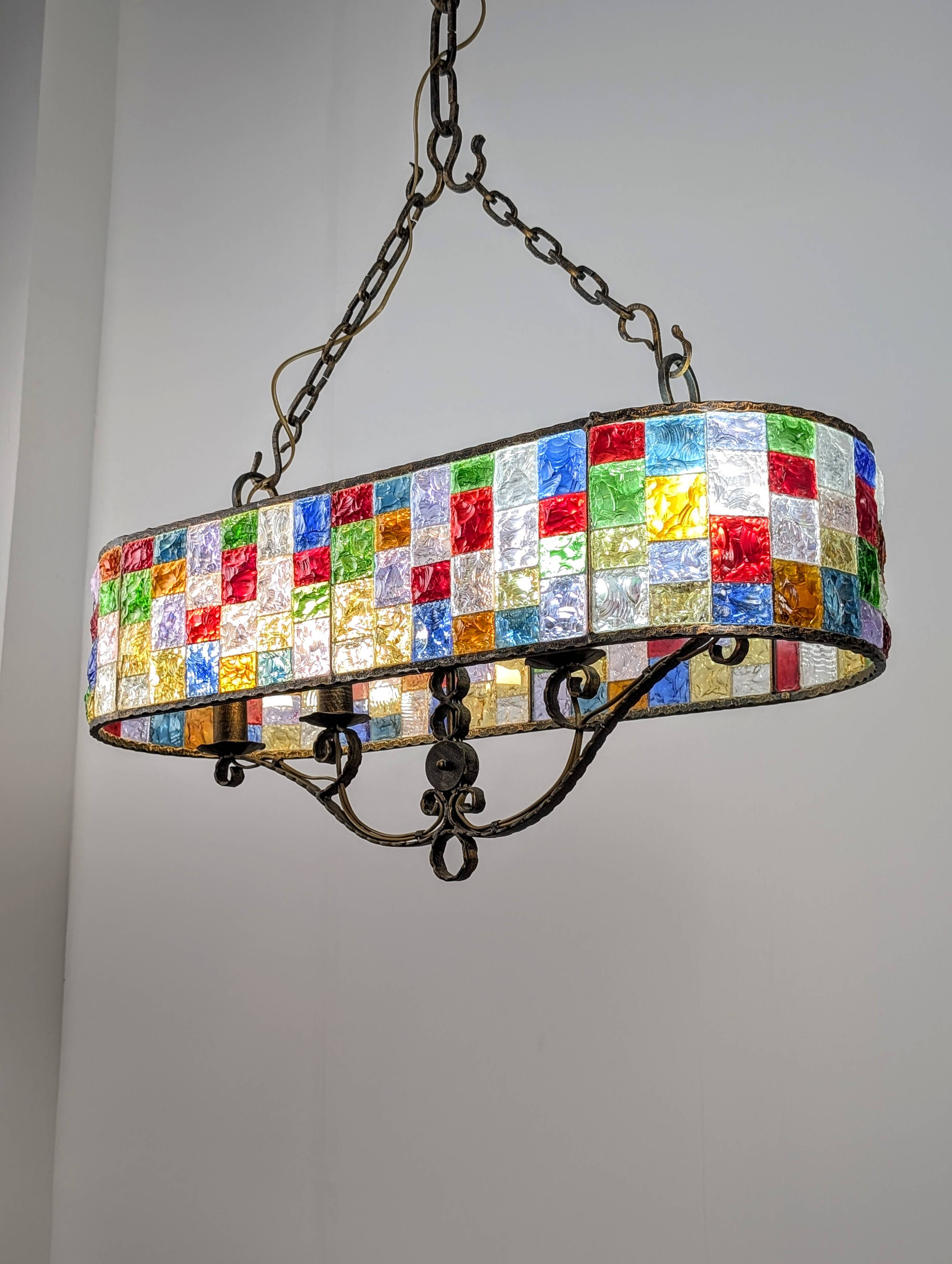 Large Italian Multi-Colored Hammered Crystal and Wrought Iron Chandelier