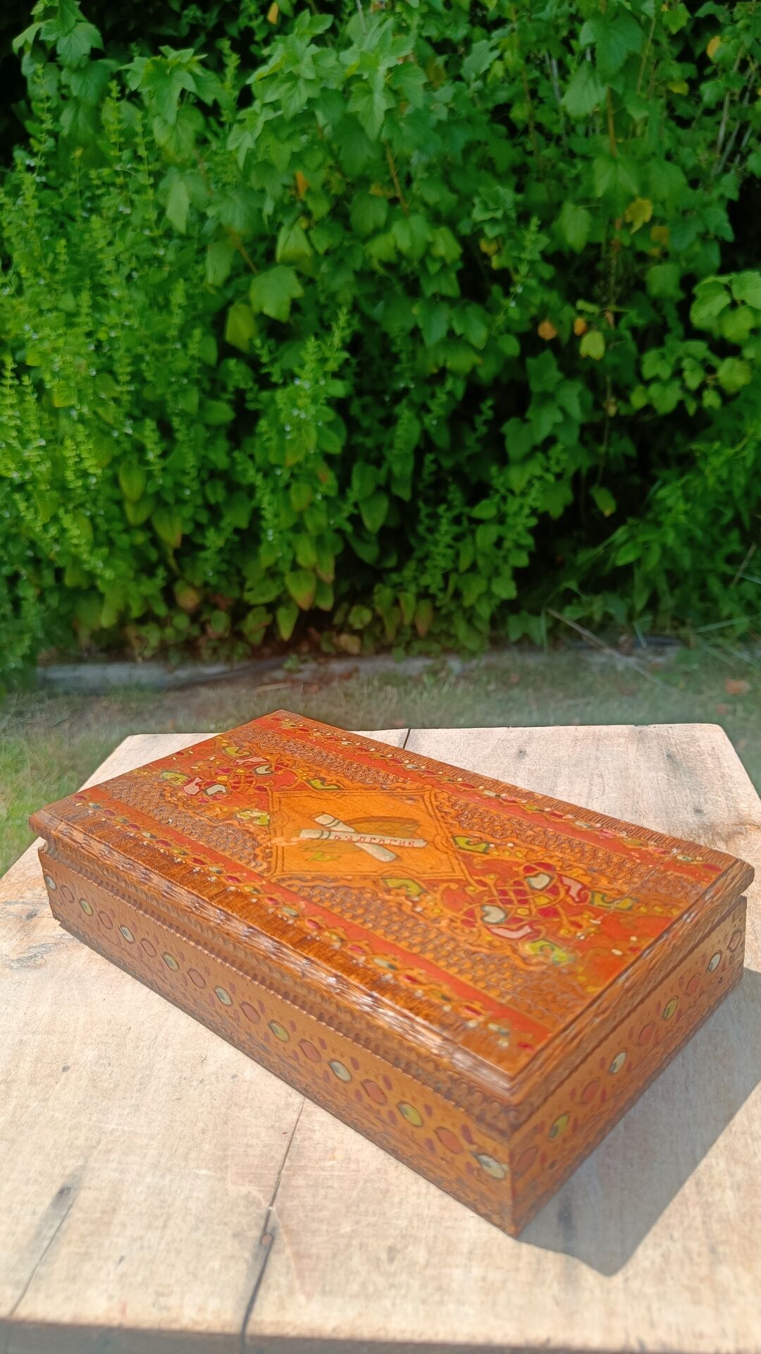 Bulgarian wooden cigarette box, pyrographed and hand-painted.