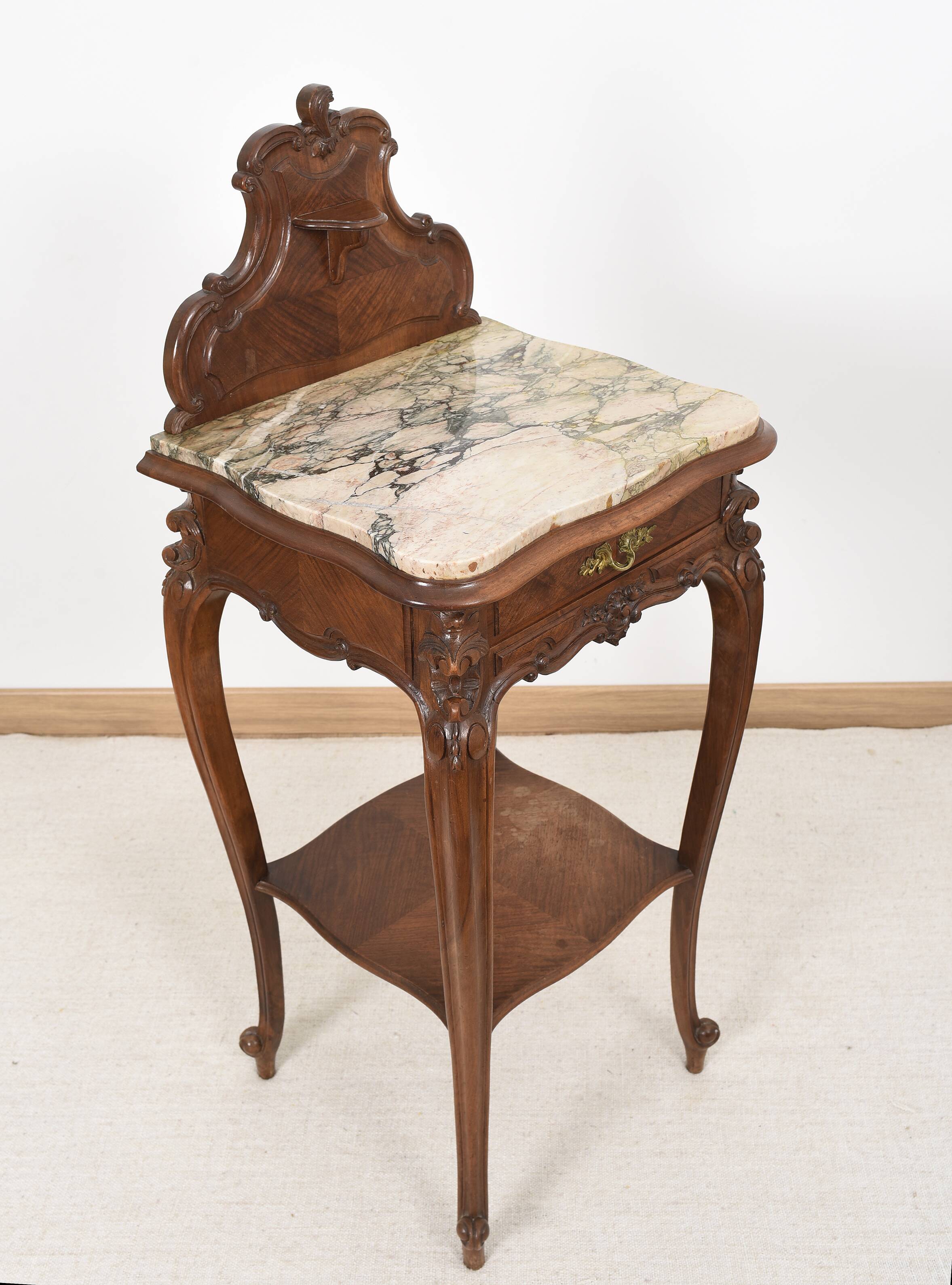 Pedestal table, old bedside table, Louis XV style, in wood and marble