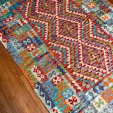 Oriental kilim rug afghan colored red green multicolored