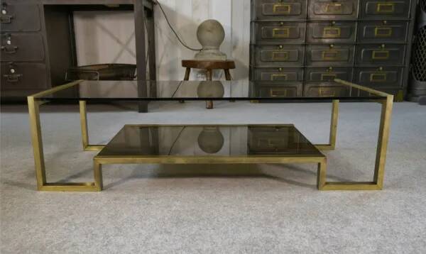 Designer coffee table with brass structure and black smoked glass, 1970s
