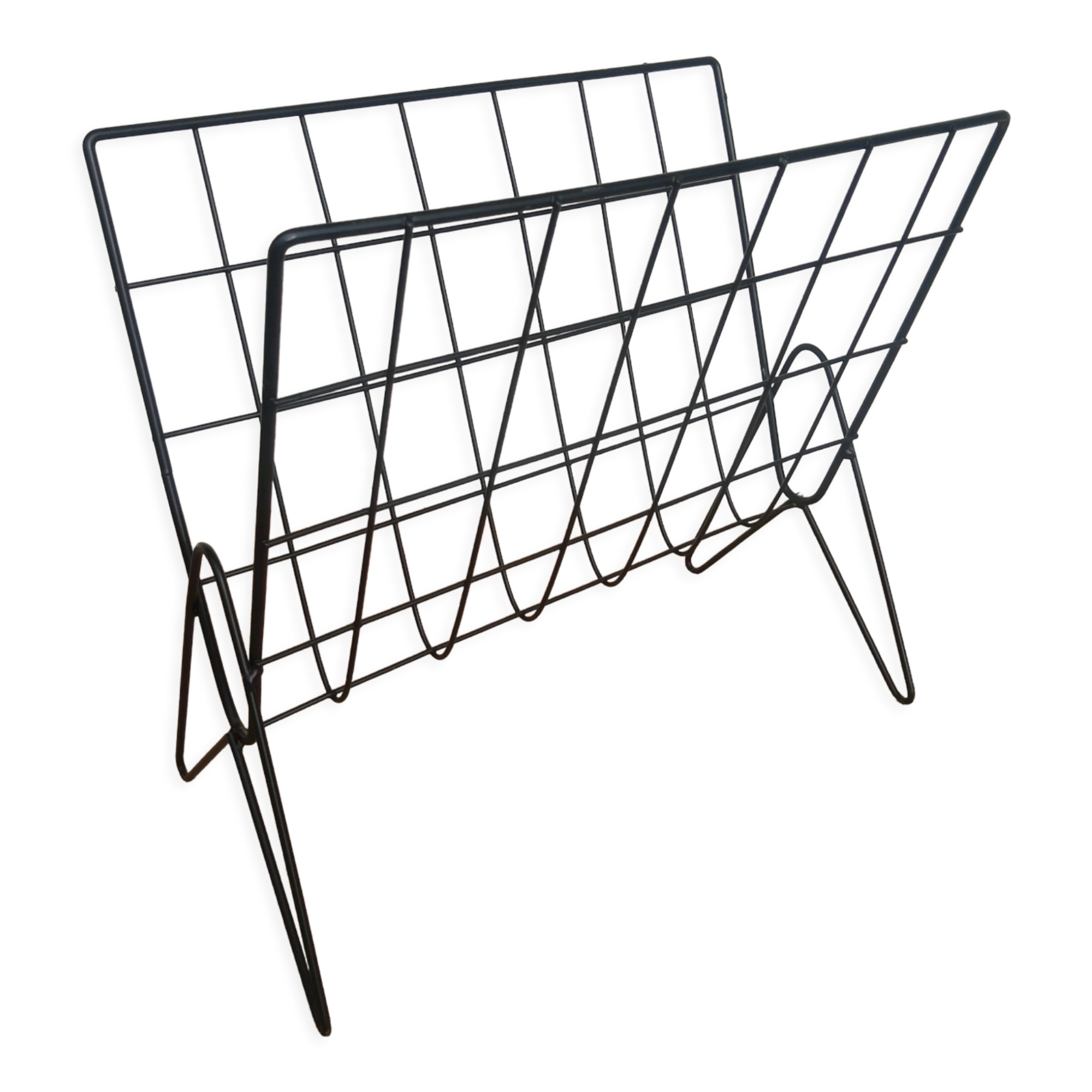 Vintage black metal wire magazine holder