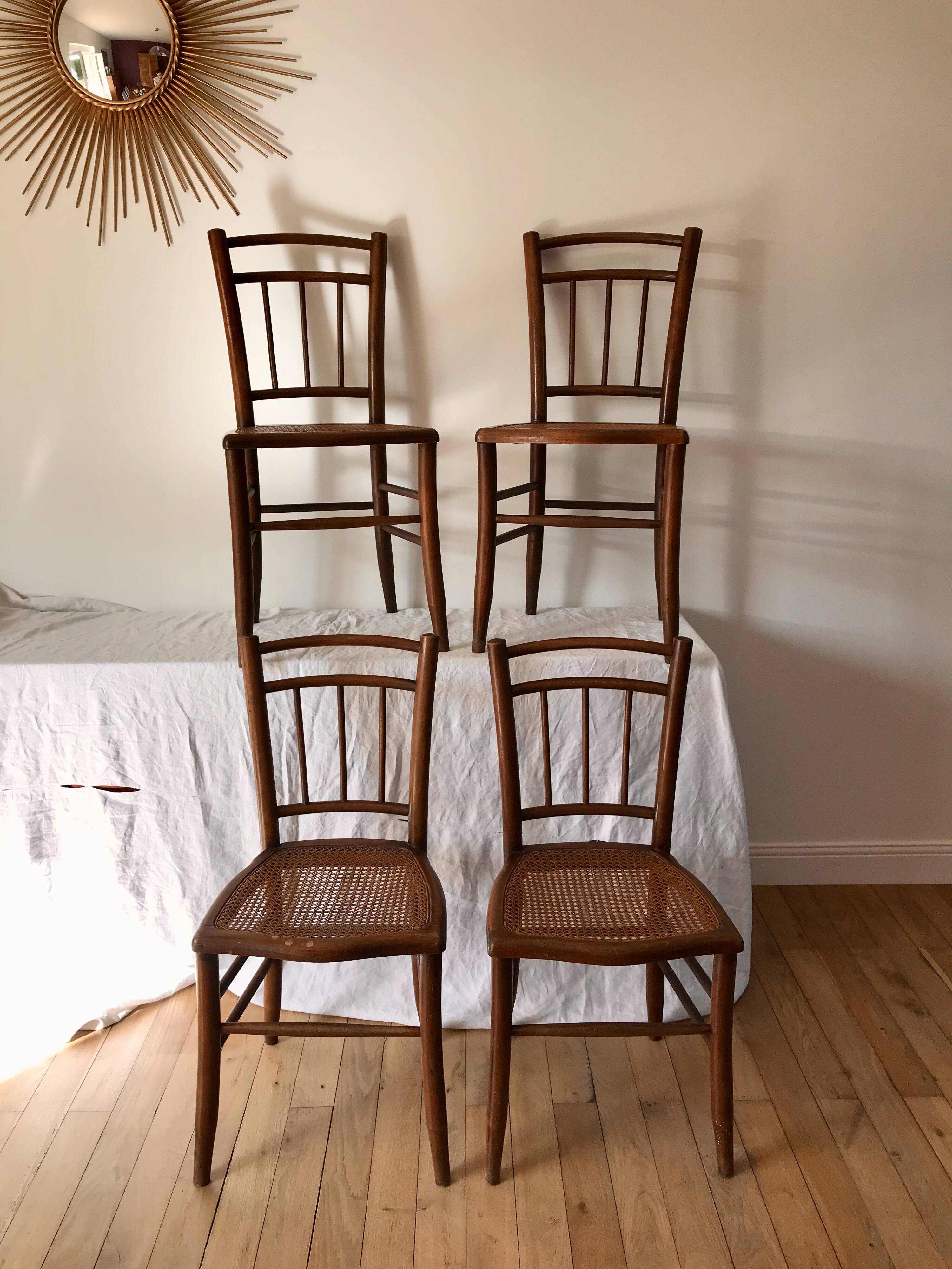 set of 4 bistro chairs in turned wood and canework stamped early 20th century
