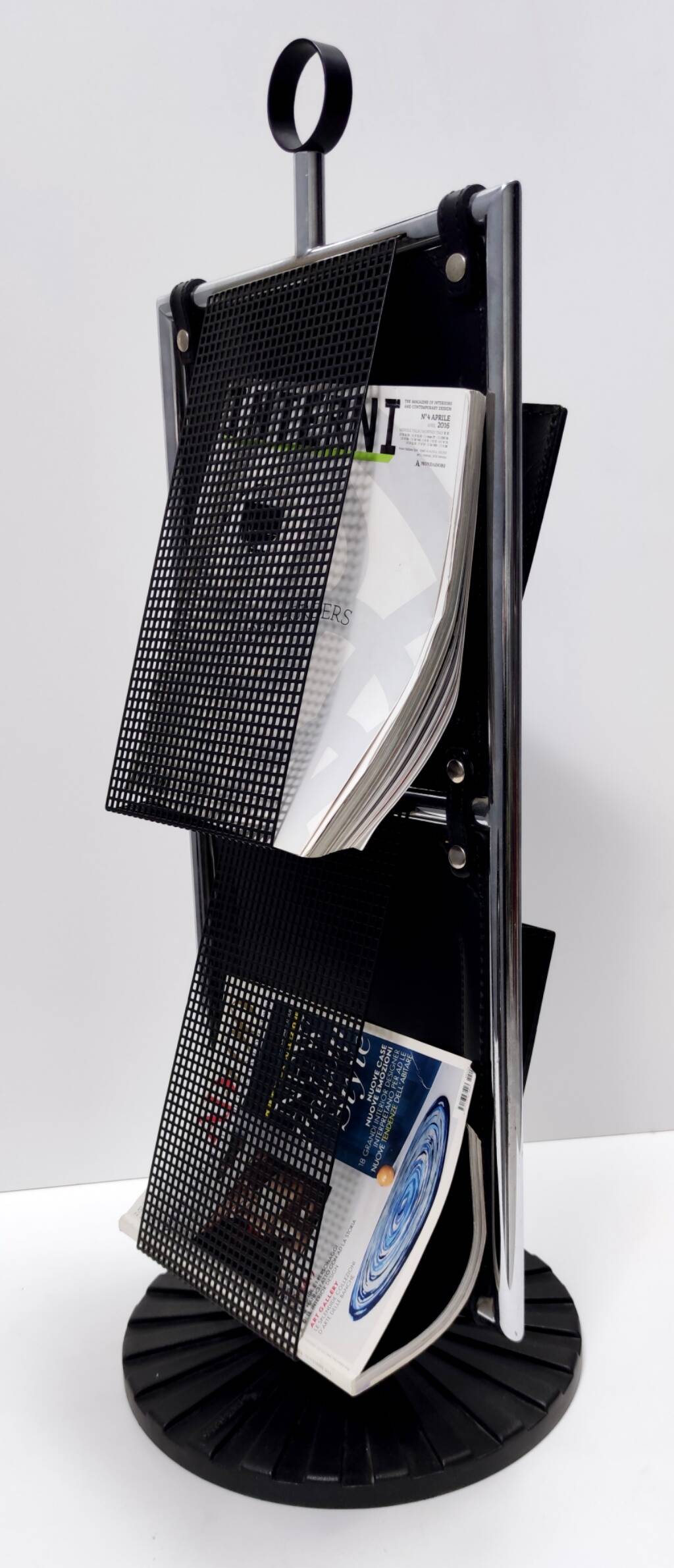 Black Leather and Chrome-Plated Metal Magazine Rack by Salmistraro, Italy