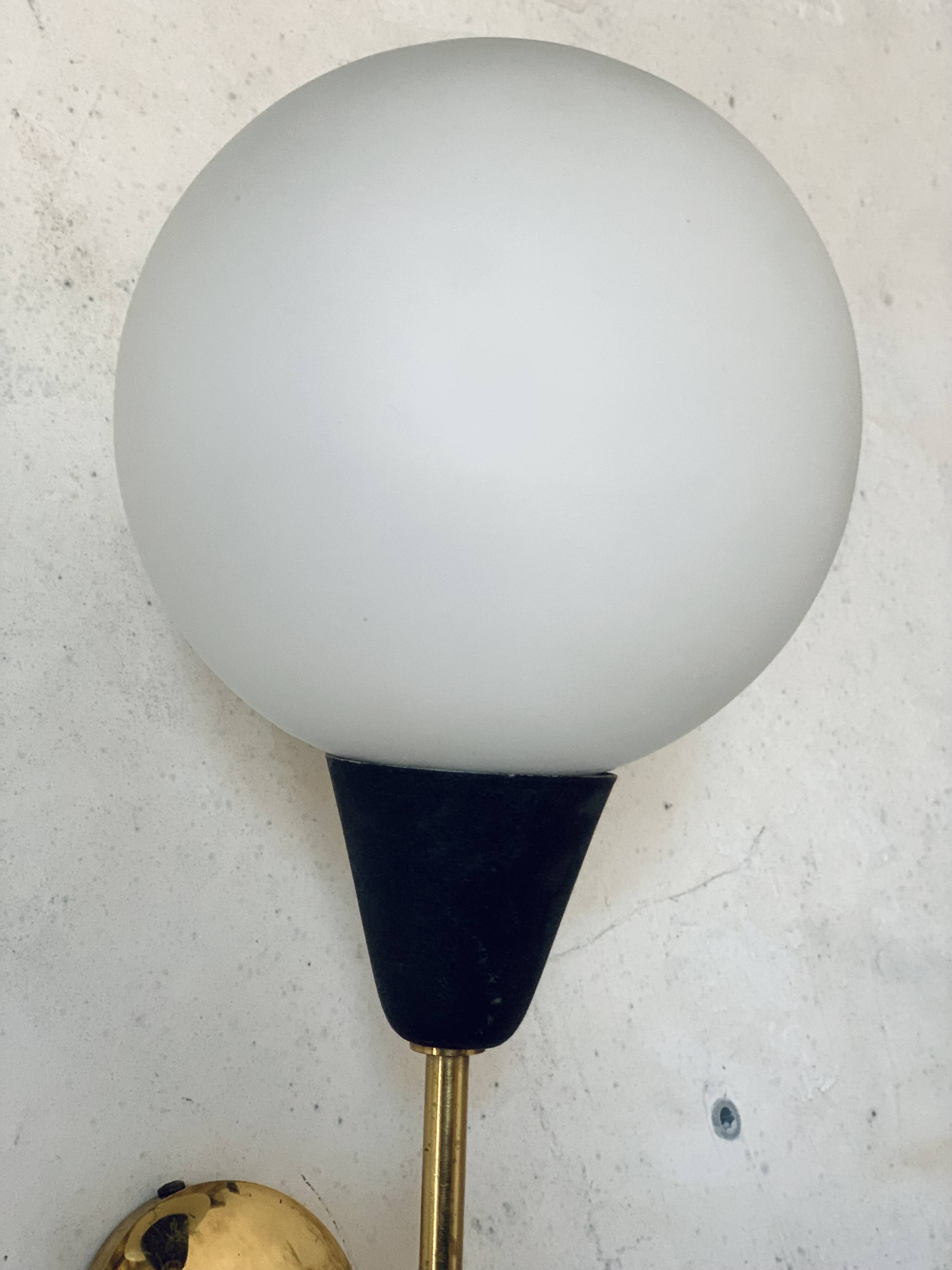 Pair of vintage brass and opaline wall lights