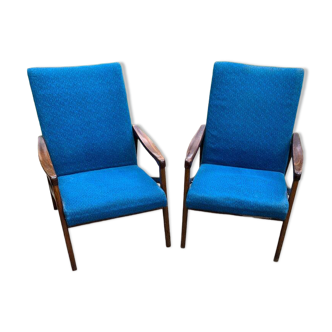Pair of blue Mid-Century armchairs in fabric by Jiří Jiroutek for Interier Praha (1960s)
