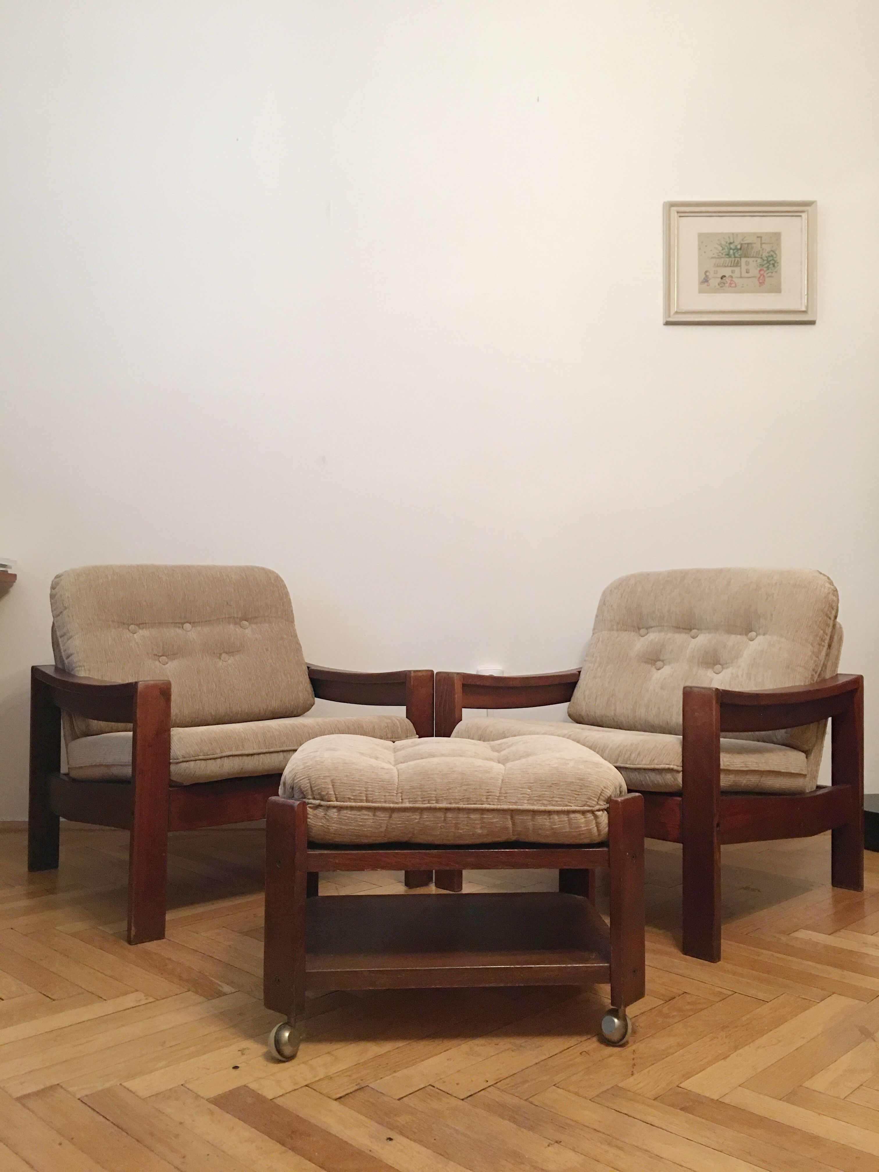 Brown vintage armchairs, 1960s, pair with one stool