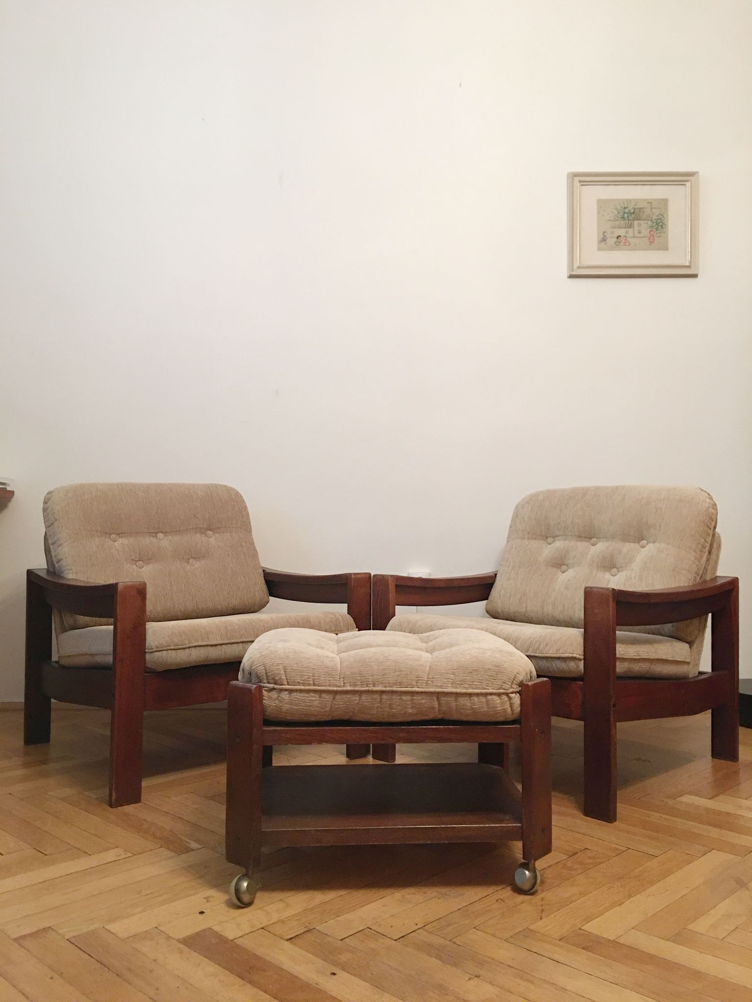 Brown vintage armchairs, 1960s, pair with one stool