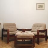 Fauteuils nude/brown vintage, années 1960, paire avec un tabouret