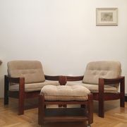 Brown vintage armchairs, 1960s, pair with one stool