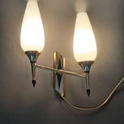 Small two-light wall lamp, white opaline and gilded brass, Circa 1960.