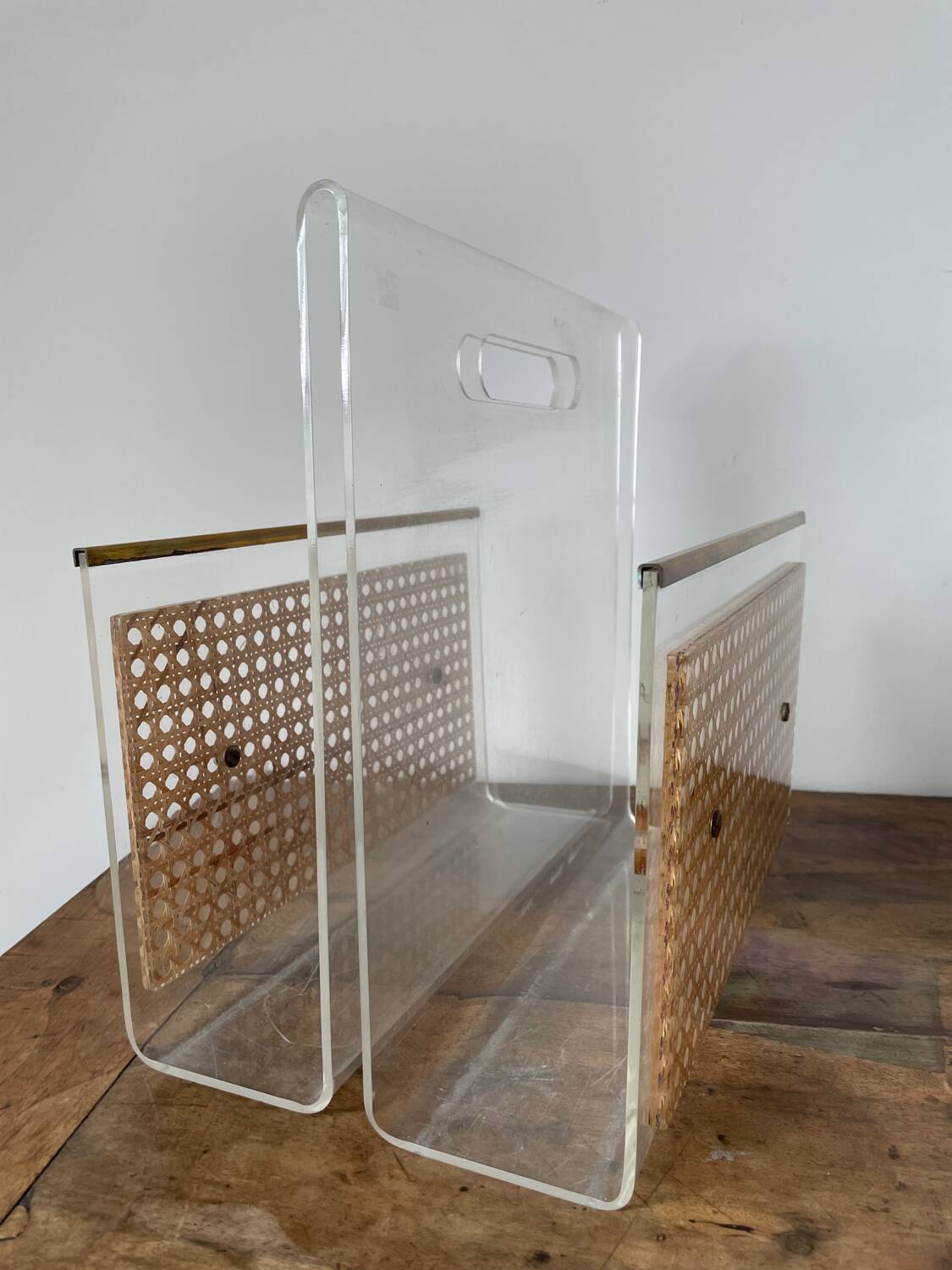 Magazine rack in plexiglass, brass and cane, 1970