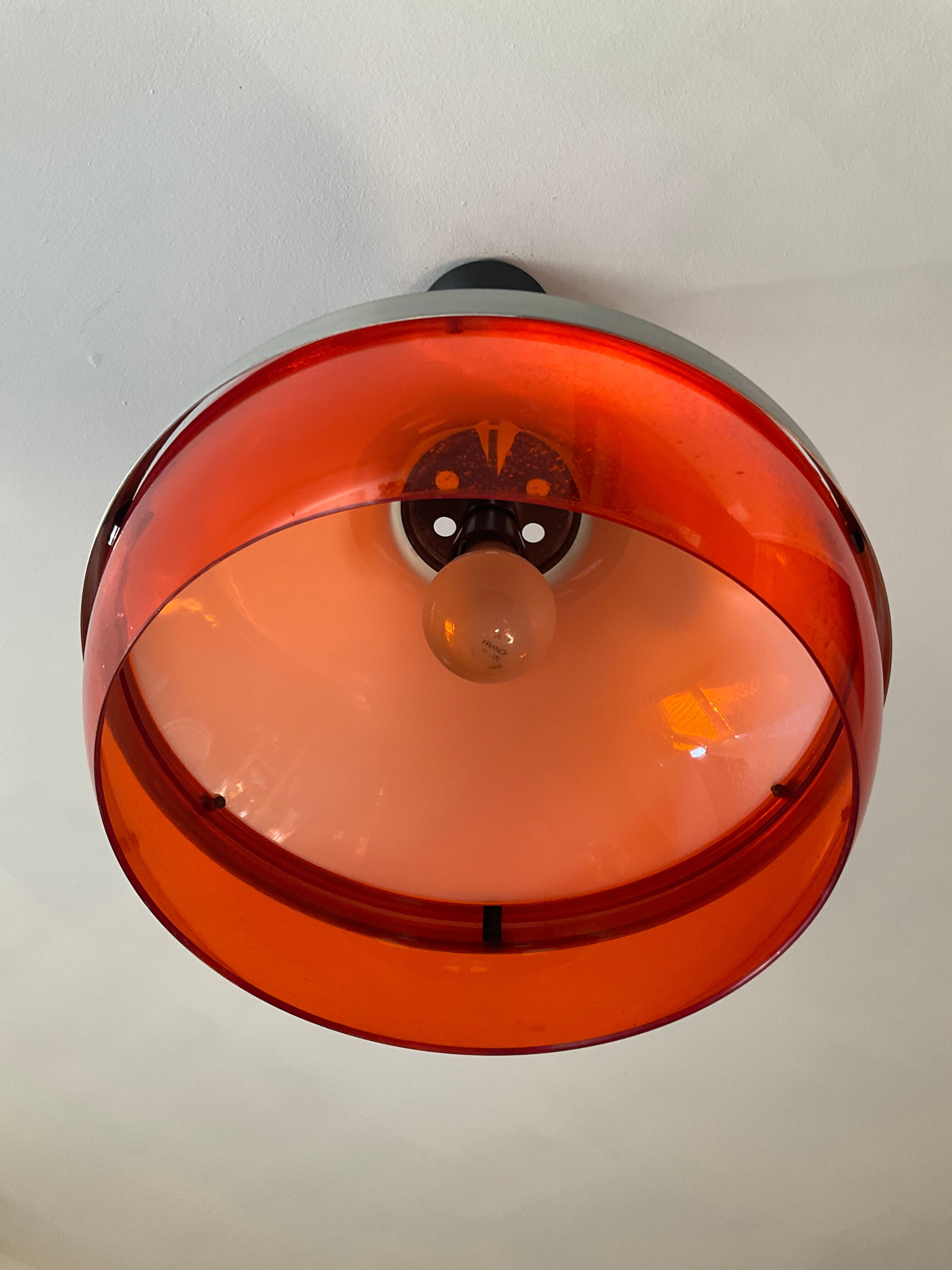 Space age pendant lamp in orange plexiglass and chromed metal