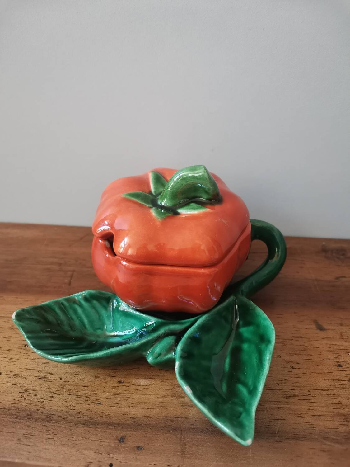 Vintage mustard box pot ceramic slip orange pumpkin shape
