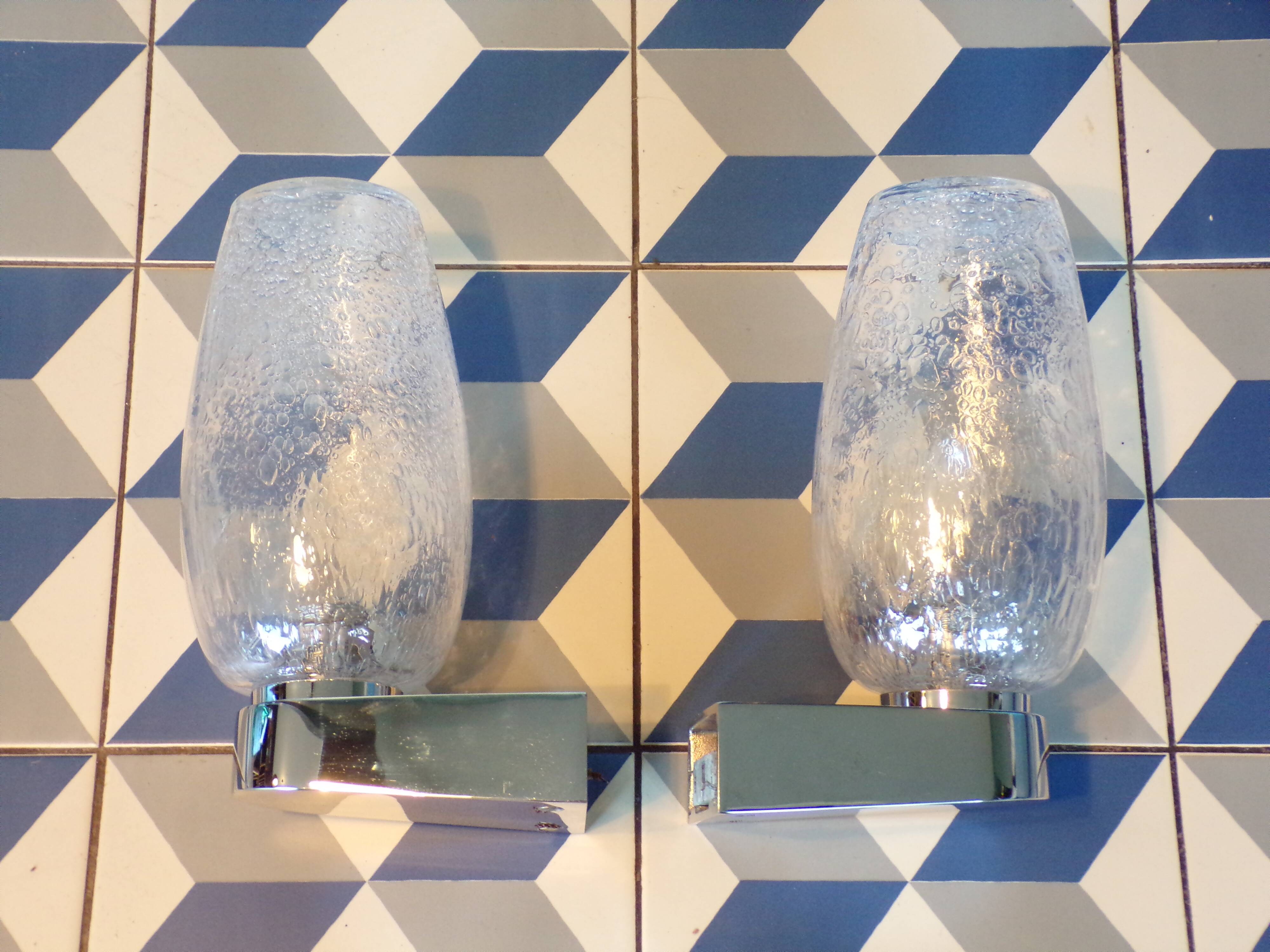 Pair of Keuco wall lights in bubbled glass
