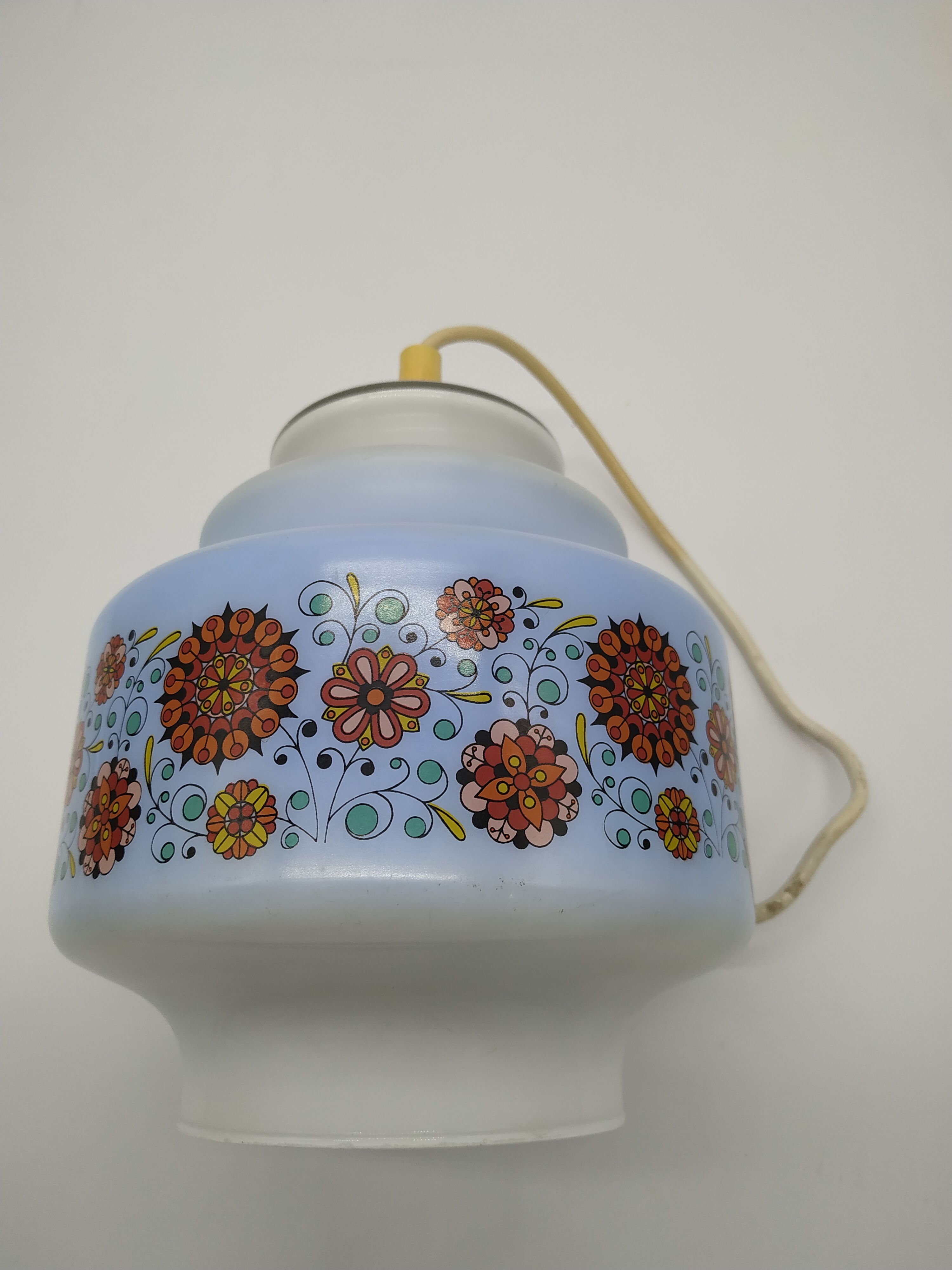 Vintage pendant lamp in seventies screen-printed opaline