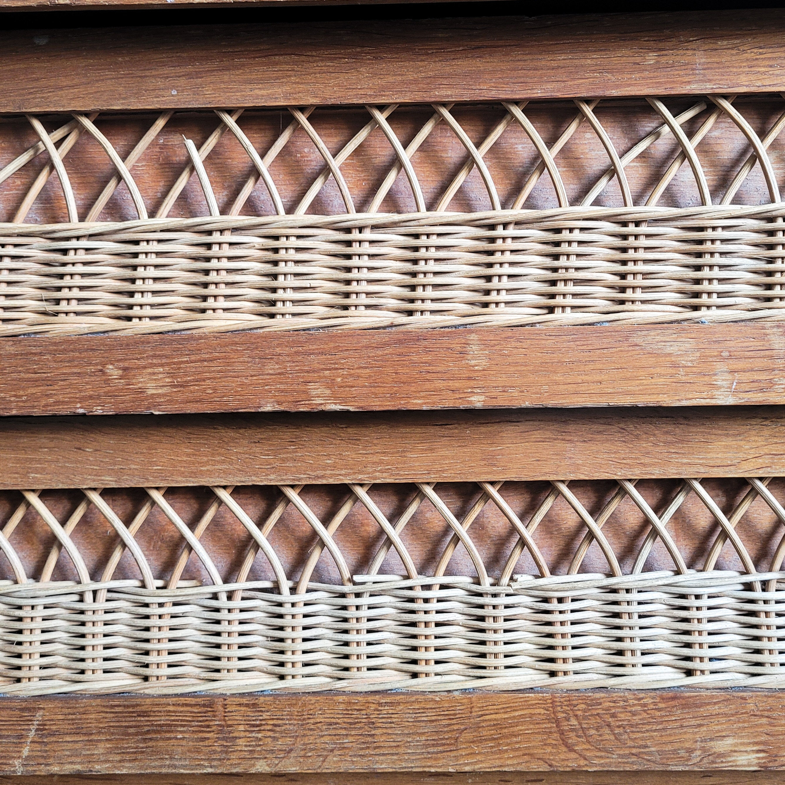 Wooden chest of drawers and vintage rattan