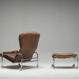 Swedish Lounge Chair and Ottoman in Chrome and Brown Leather by Scapa Rydaholm, 1960s, Set of 2