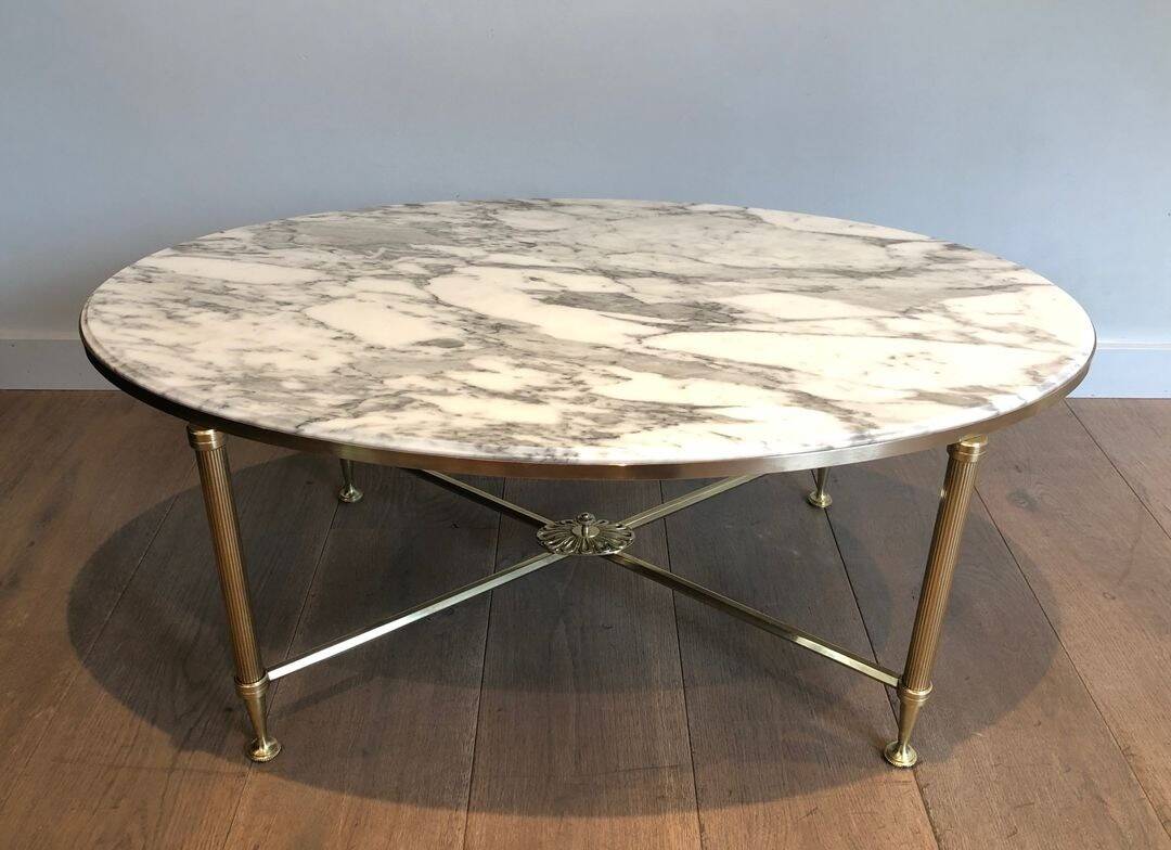 Neoclassical Oval Coffee Table in Brass and Carrara Marble, Janse House