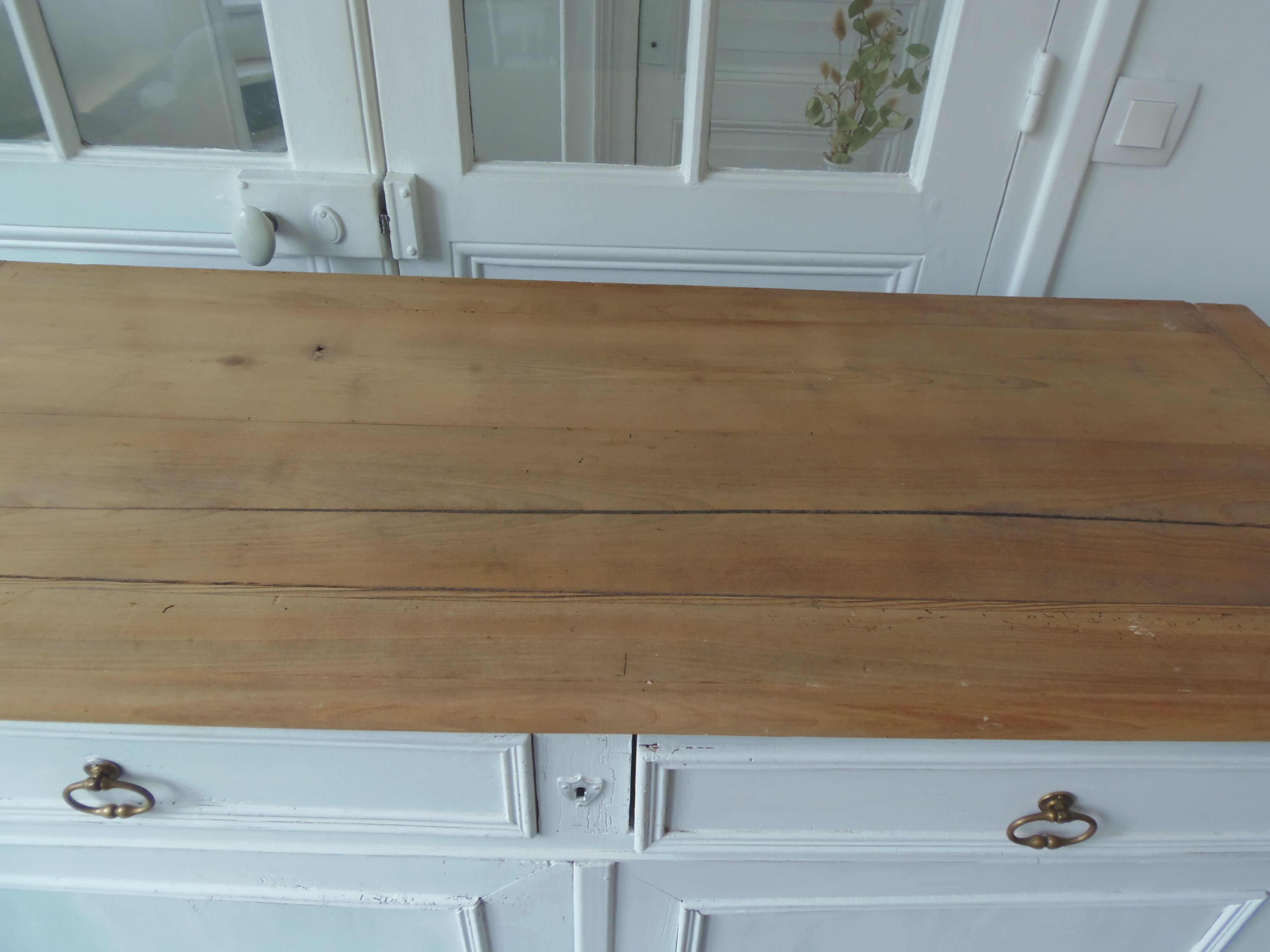 Antique sideboard patinated pearl gray waxed finish, wood top protected by varnish