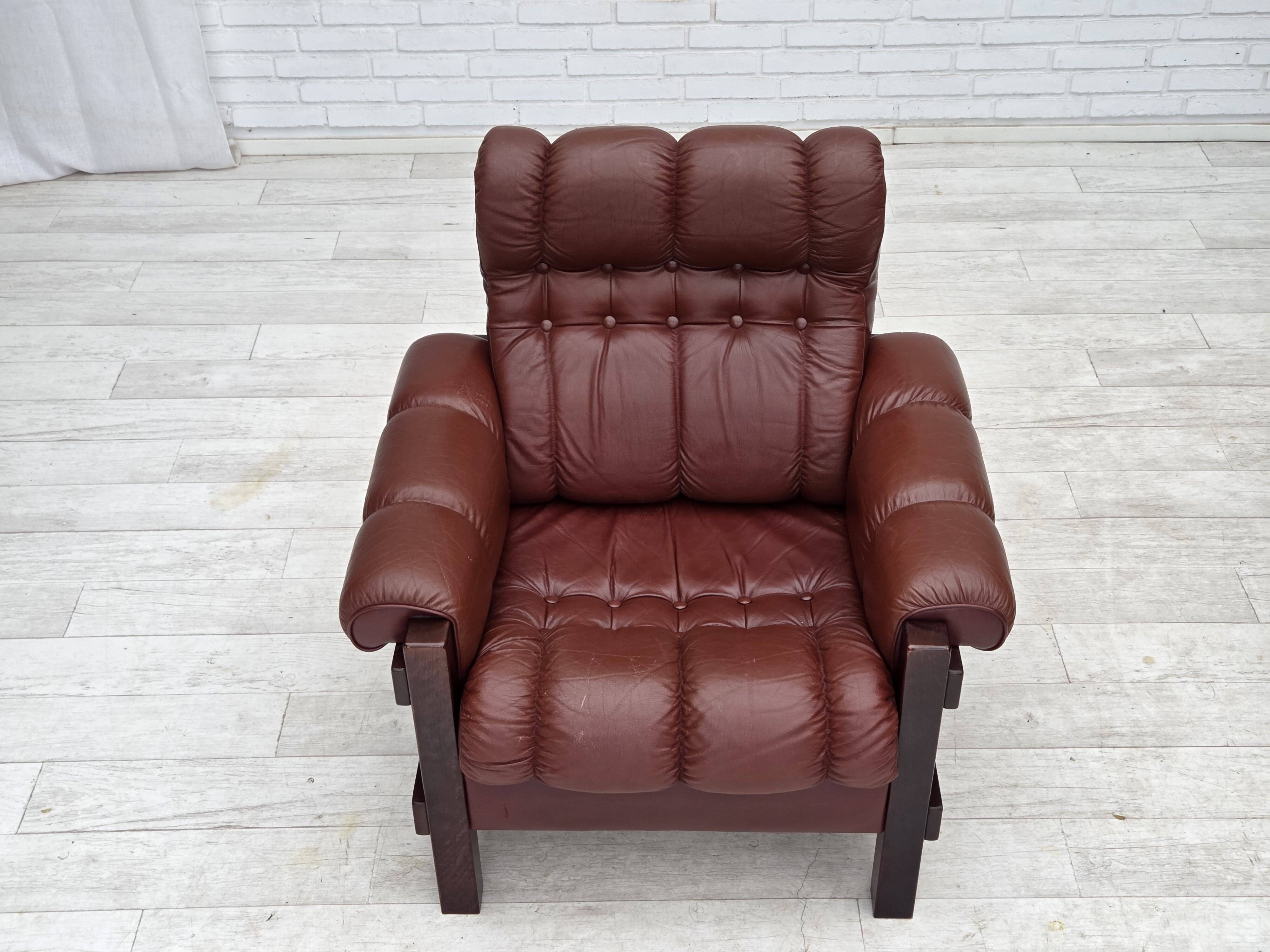 1970s, Scandinavian armchair, furniture leather, dark beech wood.