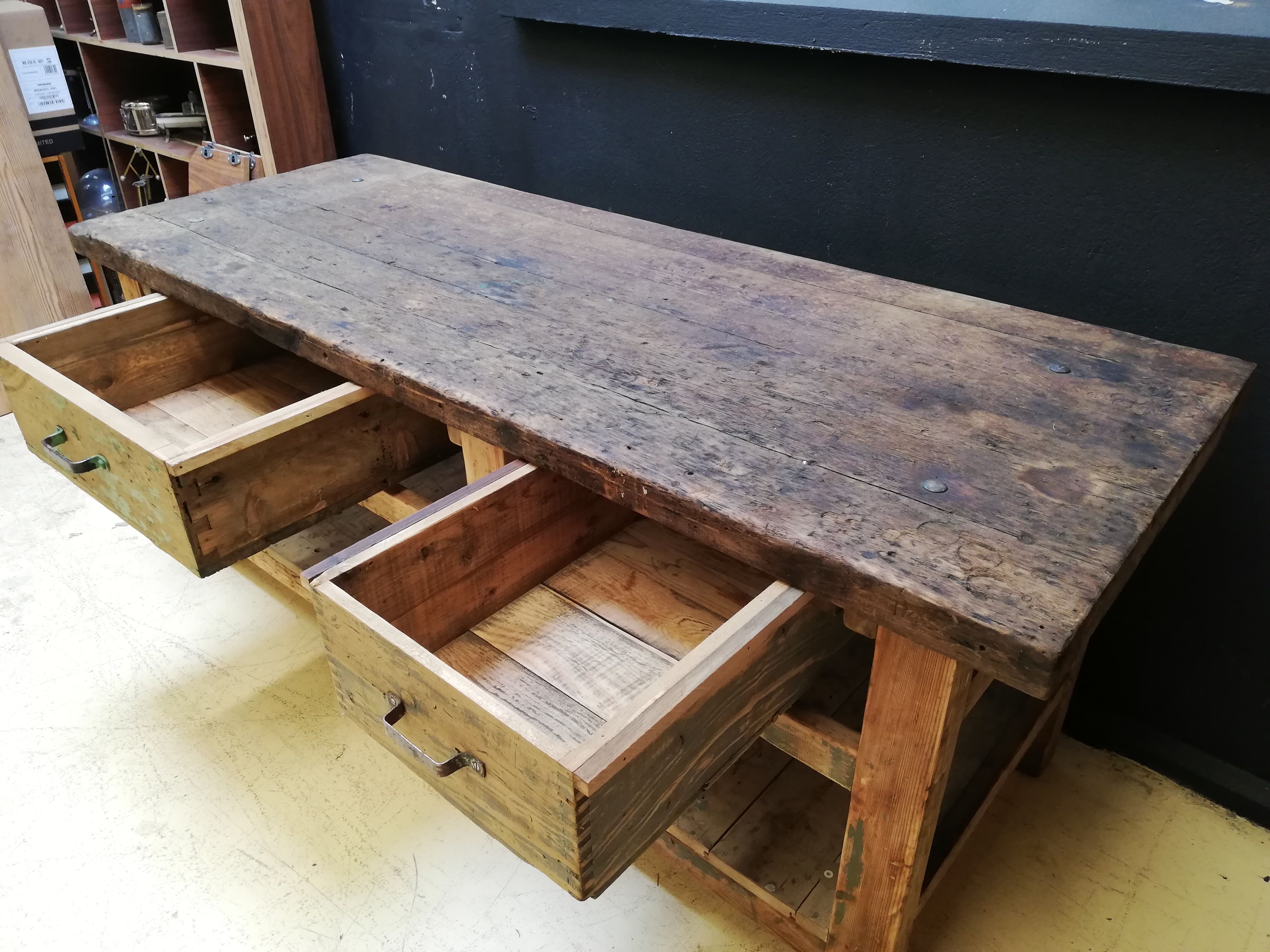 Old vintage wooden carpenter's workbench, industrial decoration