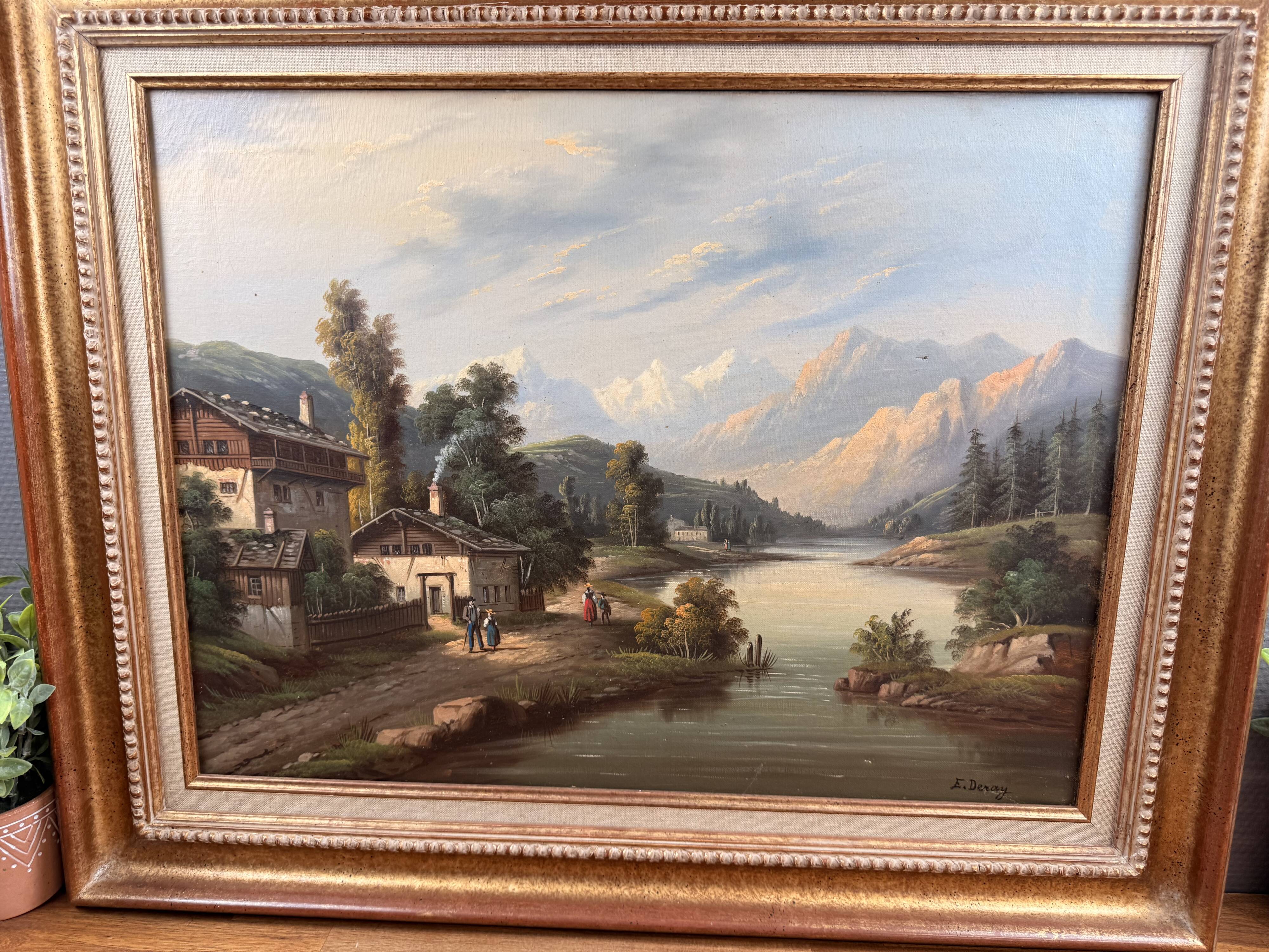 Oil on canvas mountain landscape signed E. Deray – antique gilded frame