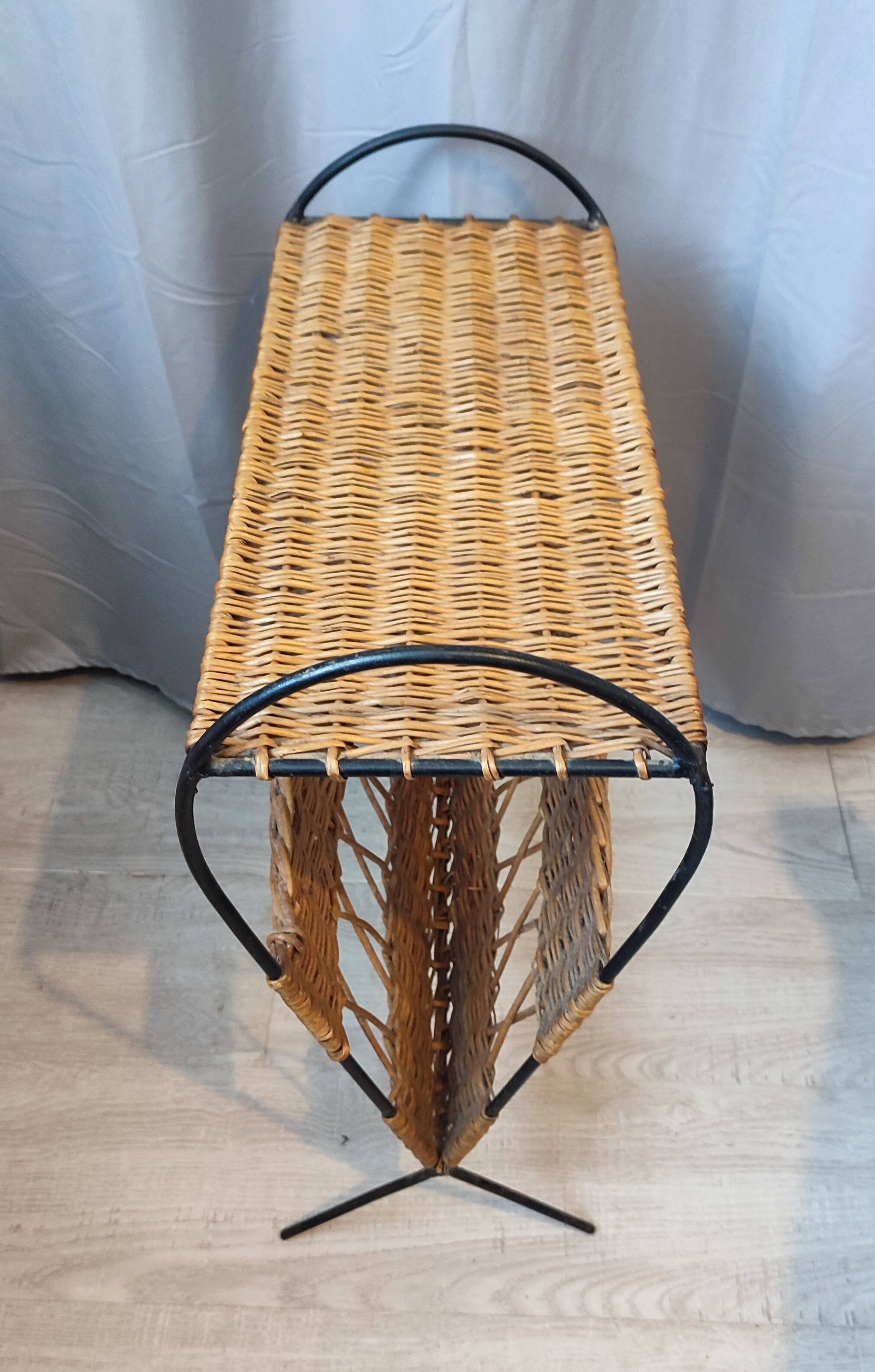 Antique magazine rack made of iron and woven rattan wicker