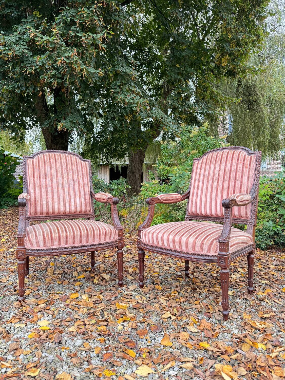 Pair of Louis XVI Style Mahogany Flat Back Armchairs, 19th Century