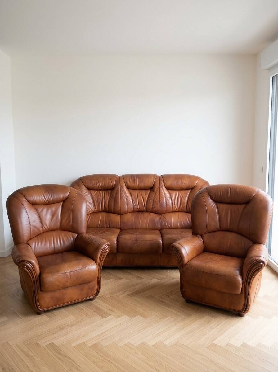 Living room set: 3-seater sofa and 2 brown leather armchairs.