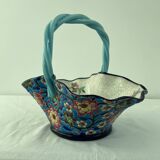 Large earthenware basket, Longwy enamels, turquoise blue cloisonné, twisted handle, stamp