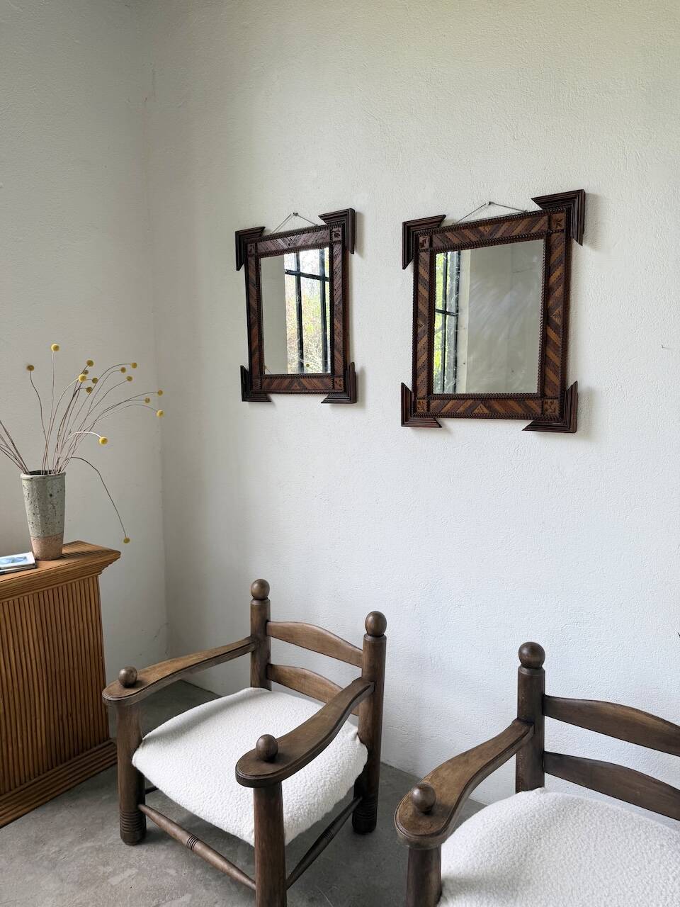 Pair of wooden mirrors in tramp art style